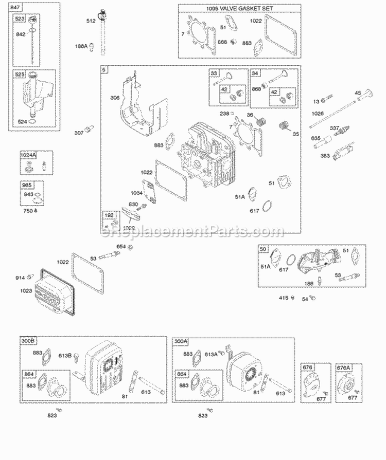 Cylinder Head Exhaust System Gasket Set - Valve Lubrication Valves Diagram and Parts List for 31Q777-0036-E1  Briggs and Stratton Engine